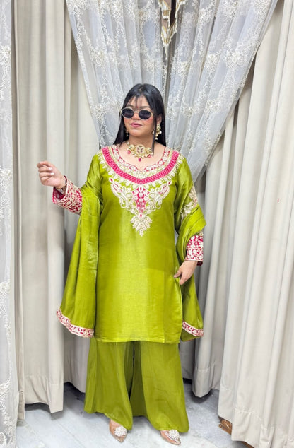Beautiful Designer 3 Piece Suit for Women | Glass Shimmer Silk Party Wear Suit