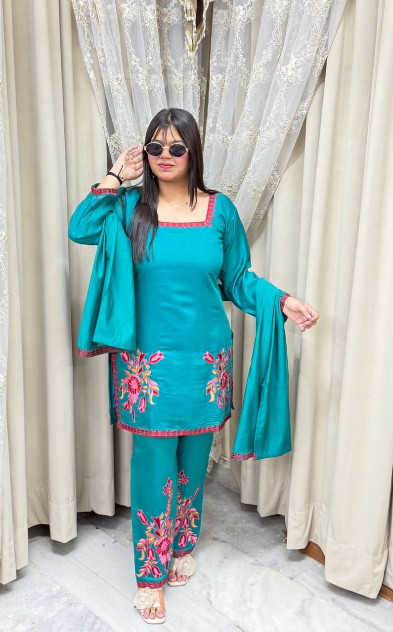 Meher Premium Mulchanderi Fabric Embroidered Kurti with Pants & Dupatta Set
