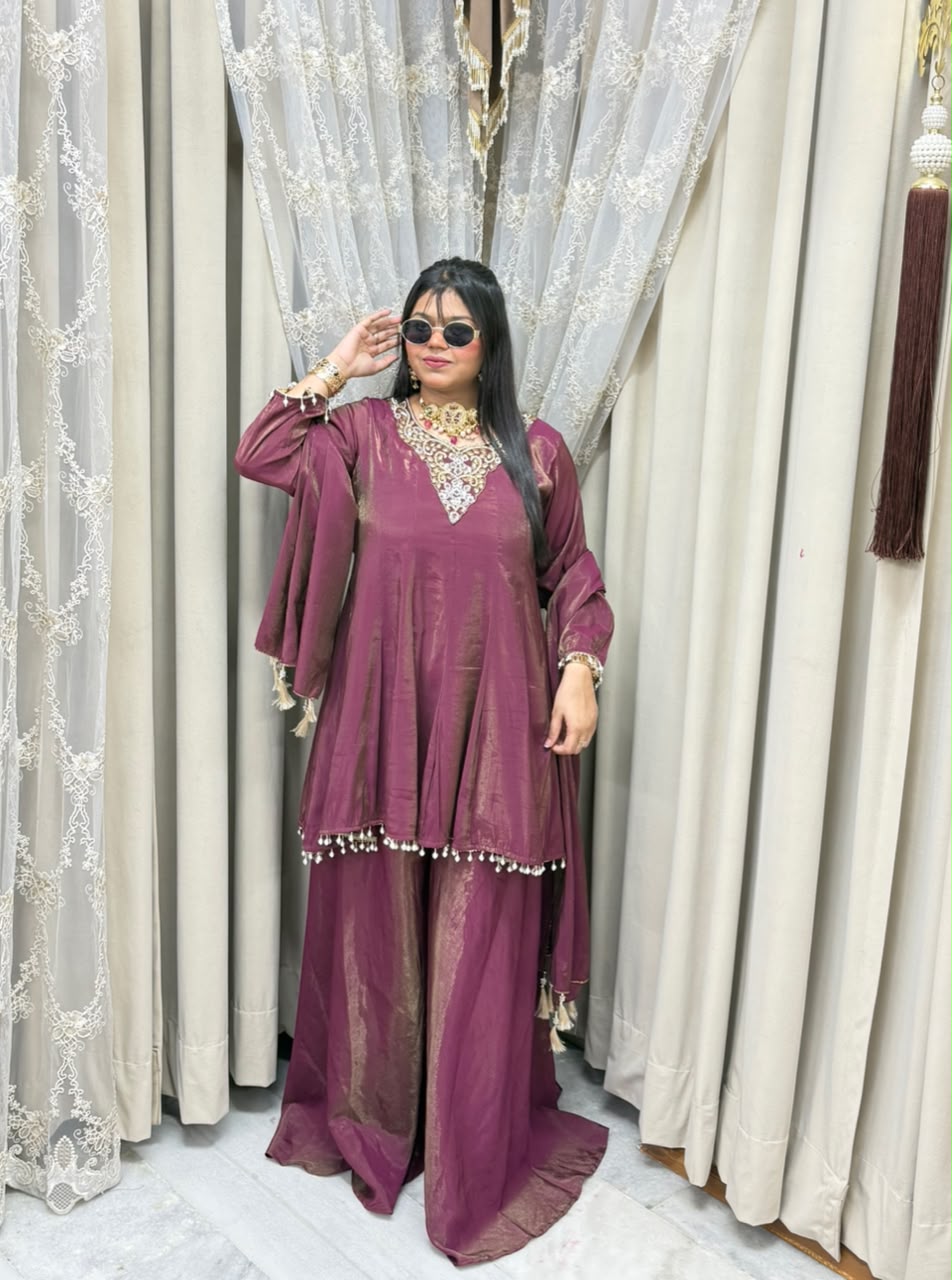 Designer Flair 3 Piece Suit for Women | Premium Glass Shimmer Silk Party Wear Suit