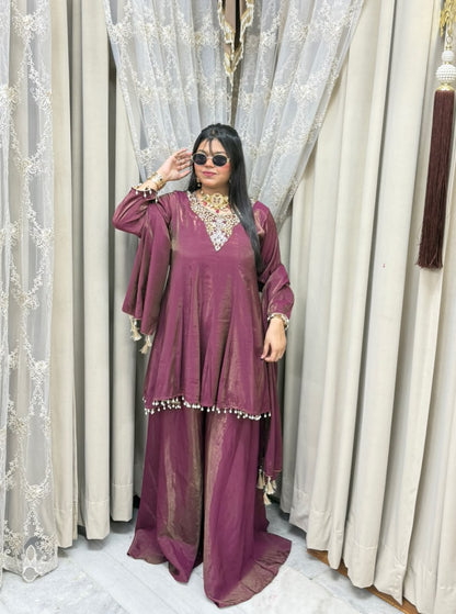 Designer Flair 3 Piece Suit for Women | Premium Glass Shimmer Silk Party Wear Suit