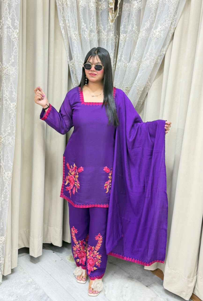 Meher Premium Mulchanderi Fabric Embroidered Kurti with Pants & Dupatta Set