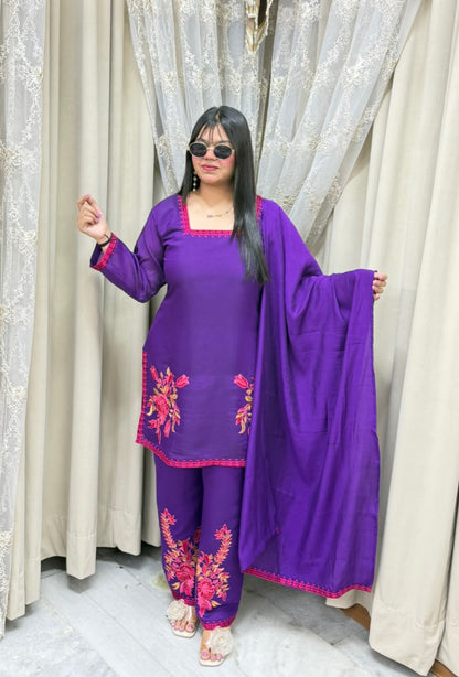 Meher Premium Mulchanderi Fabric Embroidered Kurti with Pants & Dupatta Set