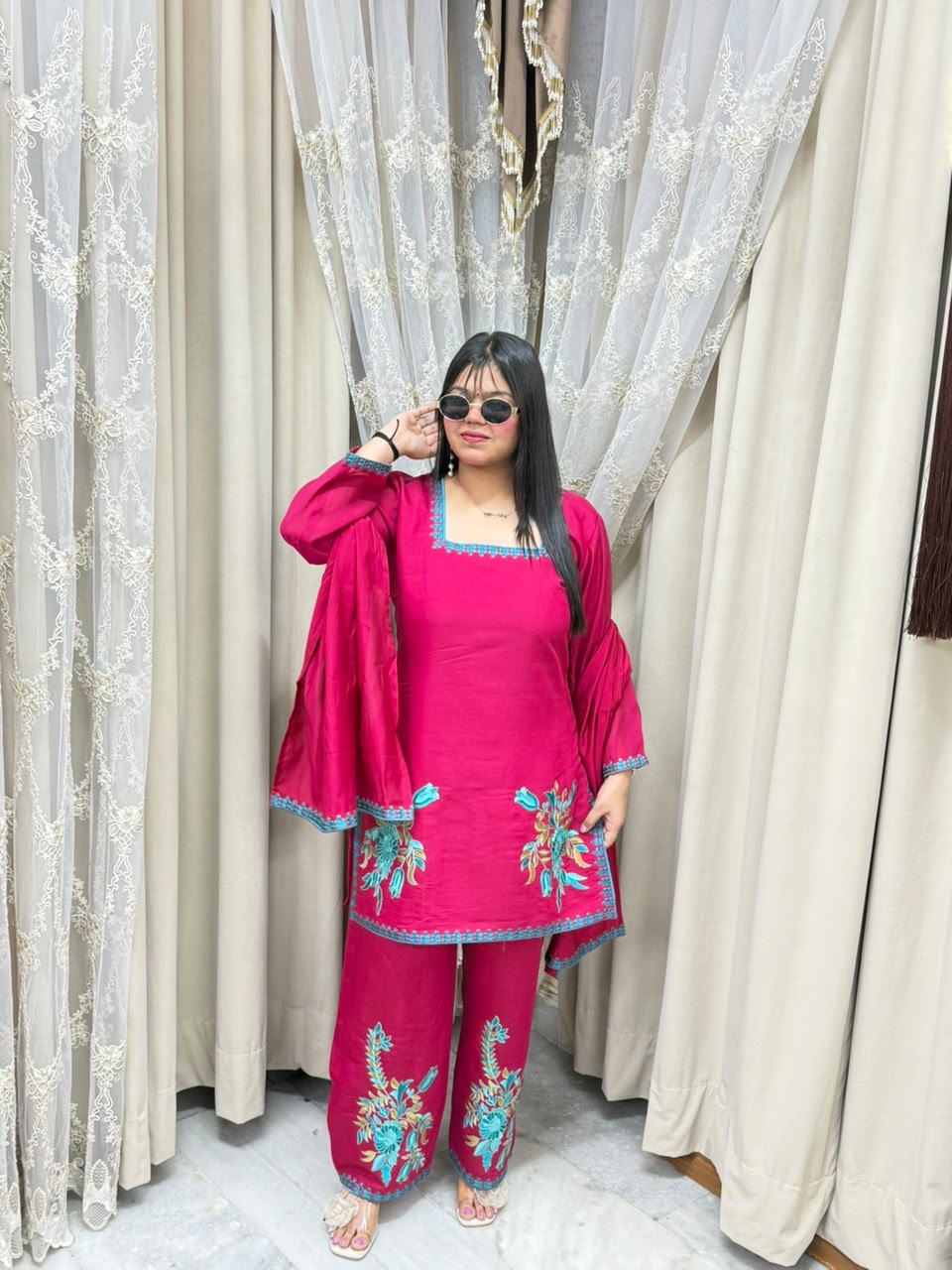 Meher Premium Mulchanderi Fabric Embroidered Kurti with Pants & Dupatta Set