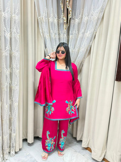 Meher Premium Mulchanderi Fabric Embroidered Kurti with Pants & Dupatta Set