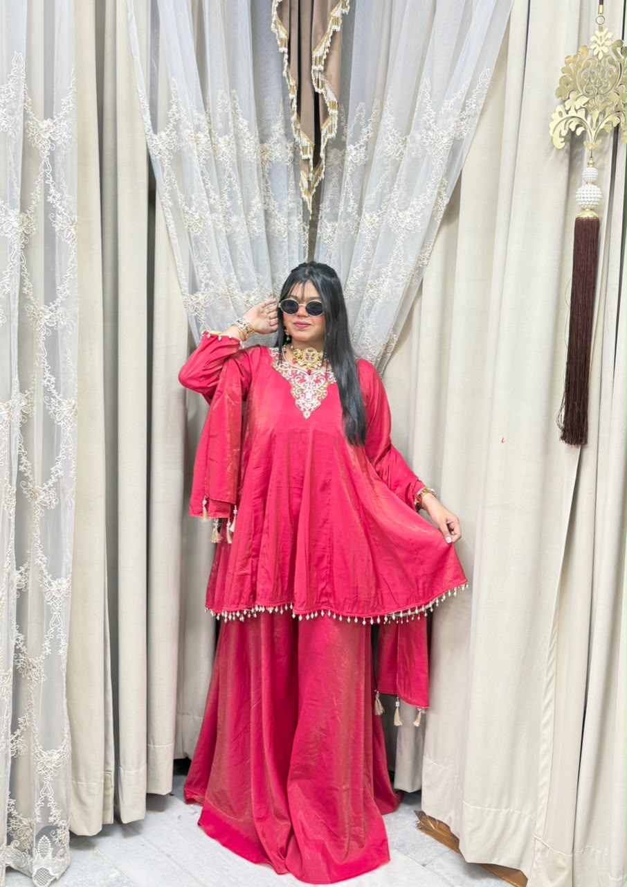 Designer Flair 3 Piece Suit for Women | Premium Glass Shimmer Silk Party Wear Suit