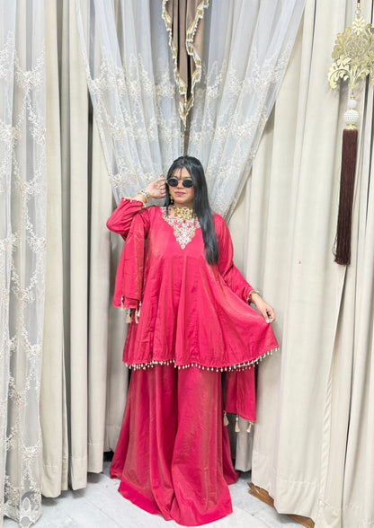 Designer Flair 3 Piece Suit for Women | Premium Glass Shimmer Silk Party Wear Suit