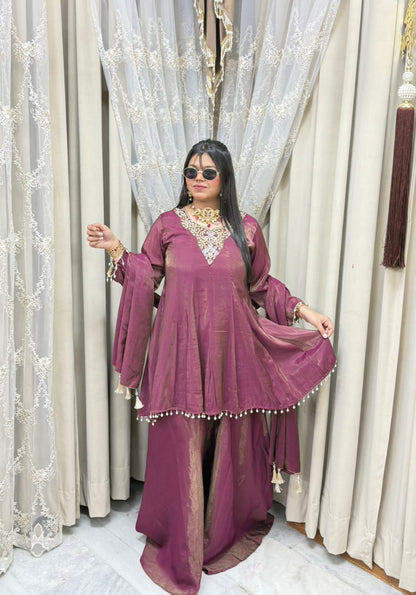 Designer Flair 3 Piece Suit for Women | Premium Glass Shimmer Silk Party Wear Suit