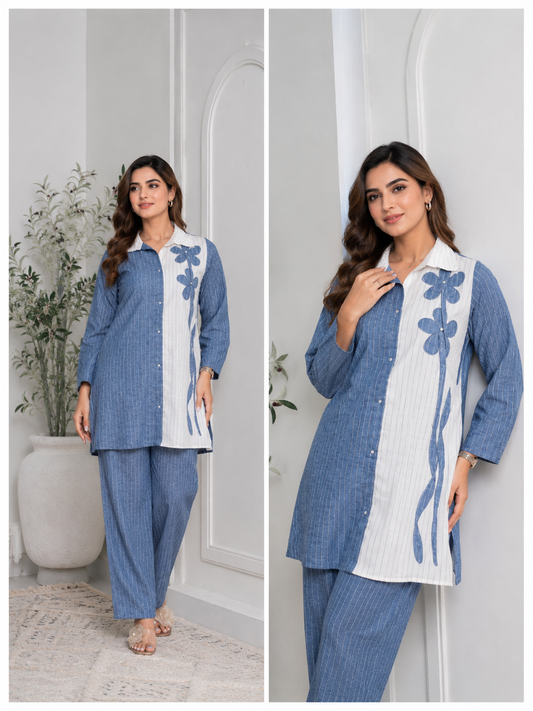 Designer Flower Pure Khadi Cotton Cordset for Women | Stylish Casual Co-Ord Set