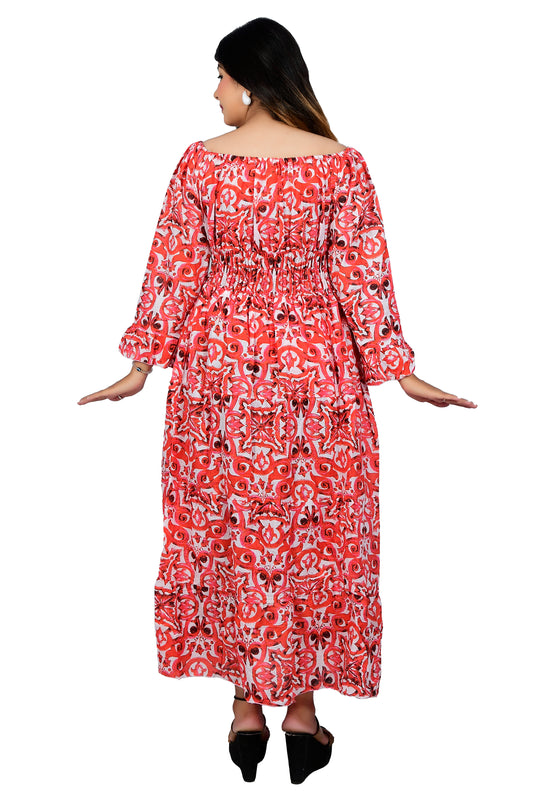 BK FASHION RED PRINTED SMOCK DRESS