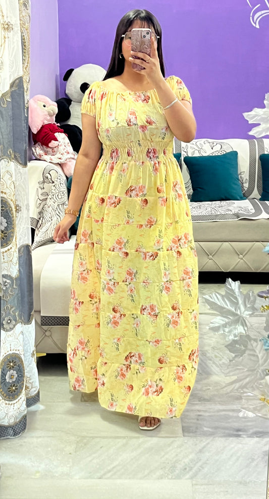 Half sleeve smock dress yellow flower