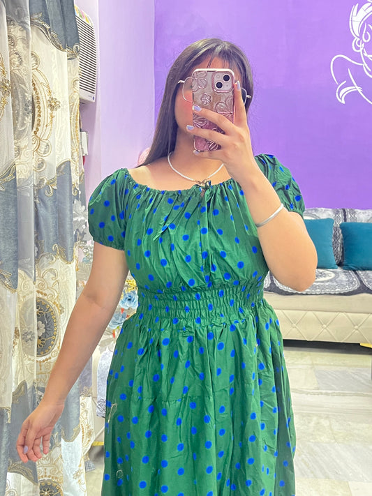 Premium Quality Blue Dot Green Color Smock Dress