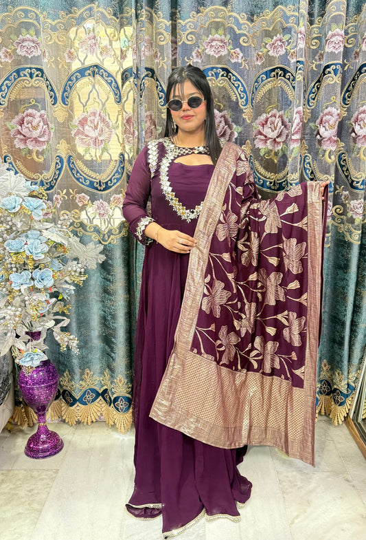 Designer Mirror Heart Anarkali With Banarshi Duppata
