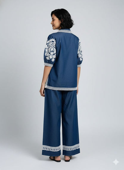 DENIM COORD SET WITH WHITE THREAD WORK