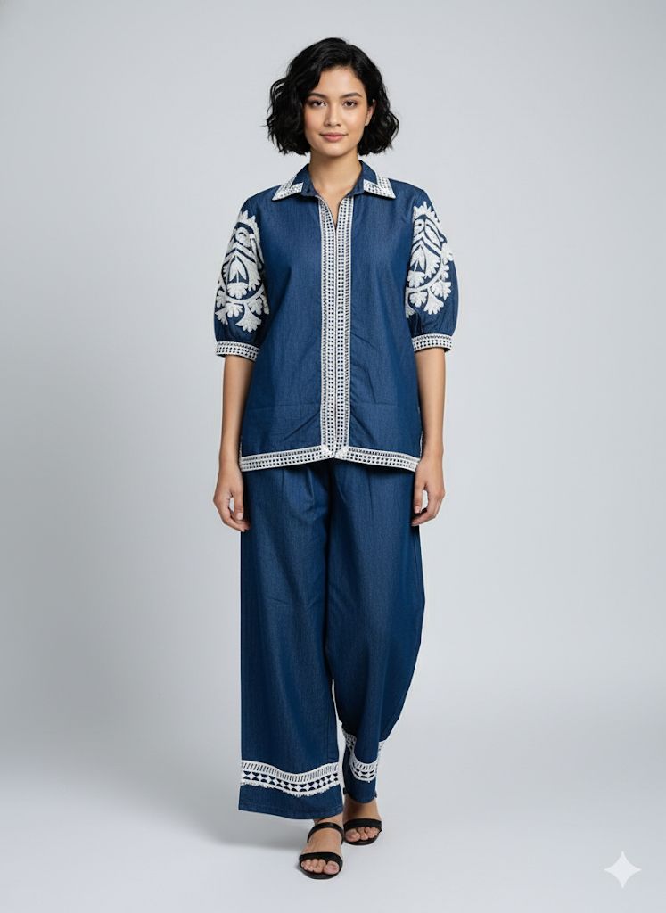 DENIM COORD SET WITH WHITE THREAD WORK