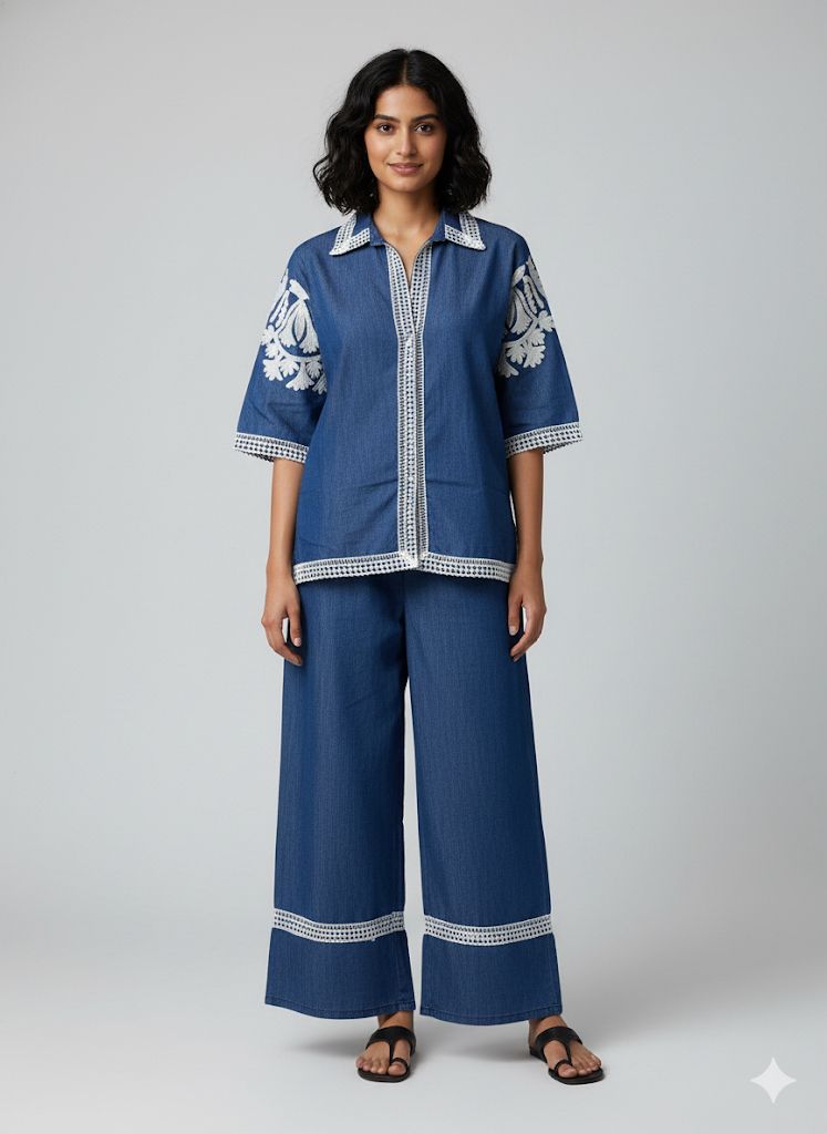 DENIM COORD SET WITH WHITE THREAD WORK