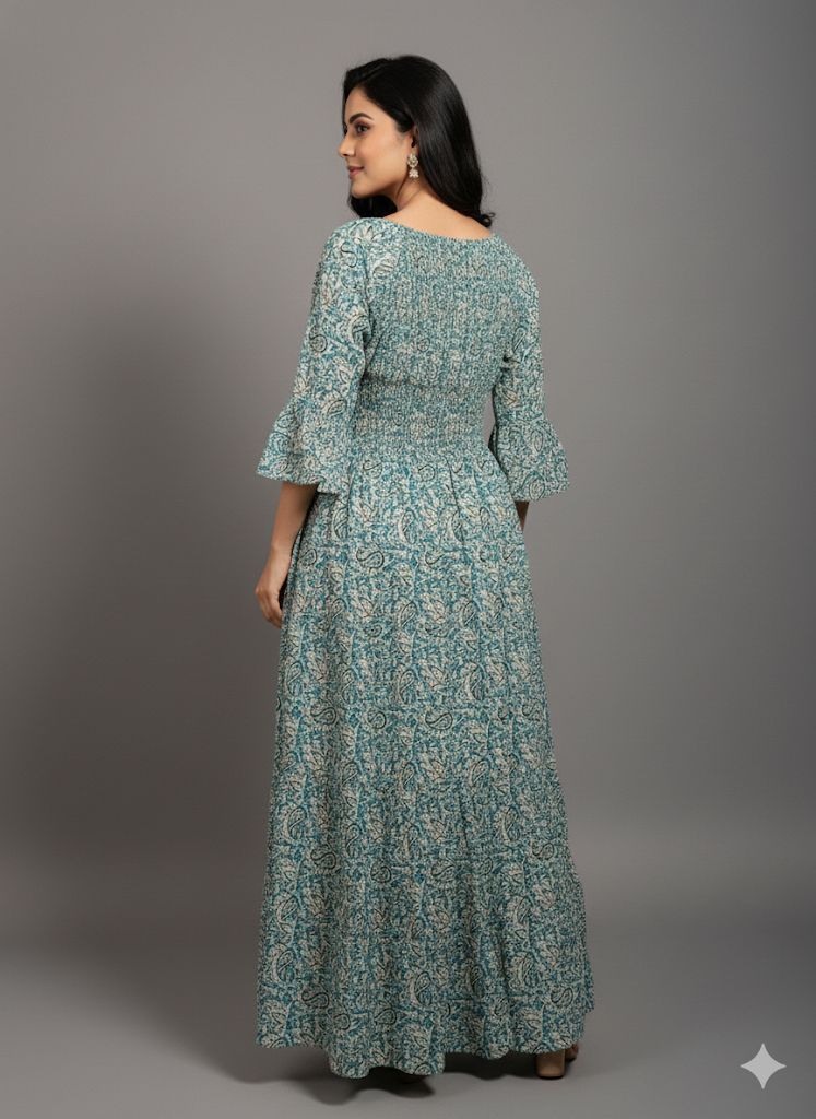 GREEN PRINTED SMOKE DRESS