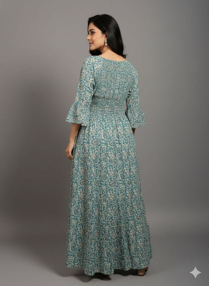 GREEN PRINTED SMOKE DRESS