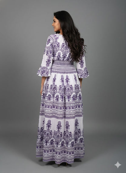 WHITE SMOKE DRESS WITH PURPLE PRINT