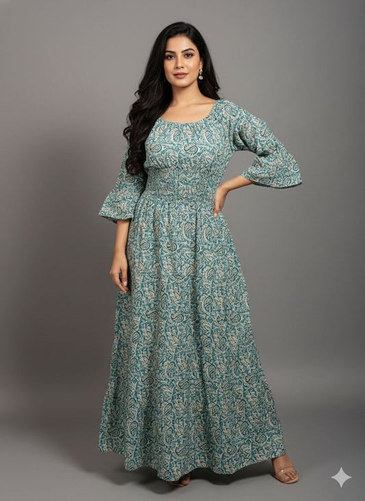 GREEN PRINTED SMOKE DRESS