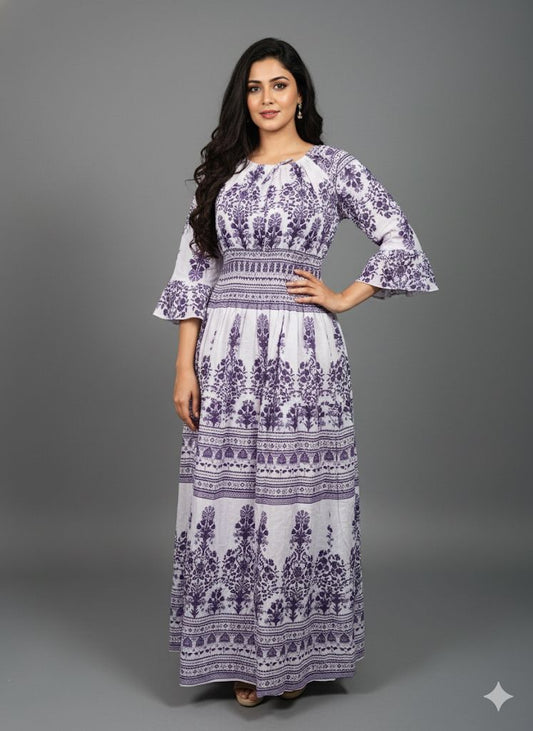 WHITE SMOKE DRESS WITH PURPLE PRINT