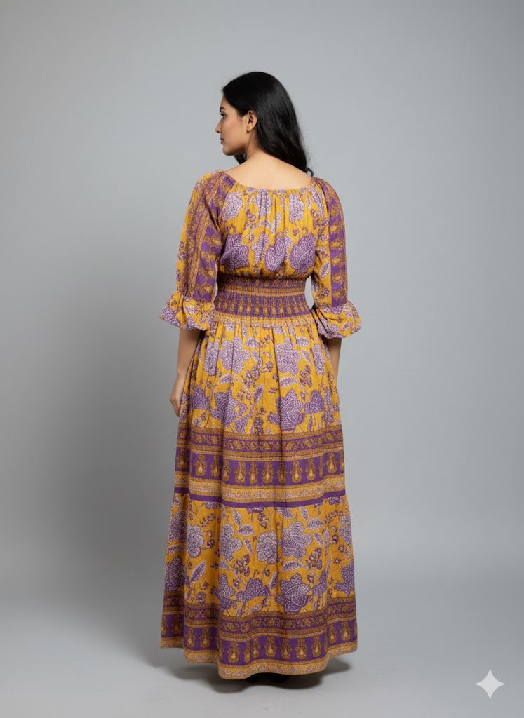 YELLOW FLORAL SMOKE DRESS