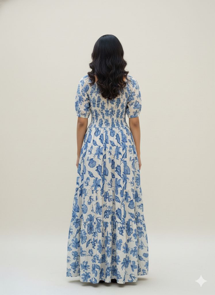 WHITE DRESS WITH BLUE FLOWER SMOKE DRESS