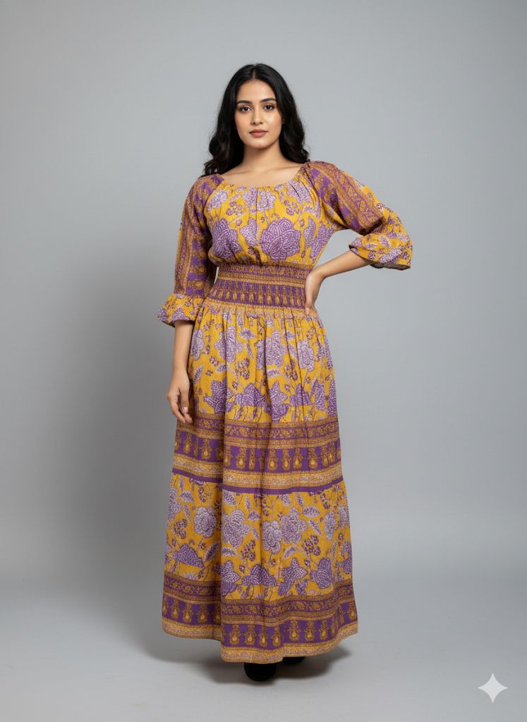 YELLOW FLORAL SMOKE DRESS