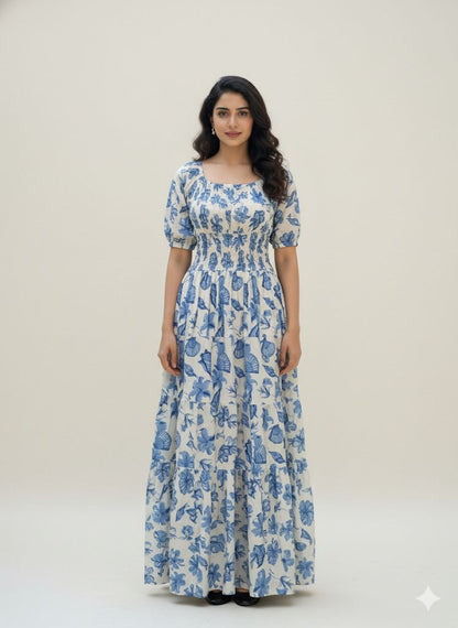 WHITE DRESS WITH BLUE FLOWER SMOKE DRESS