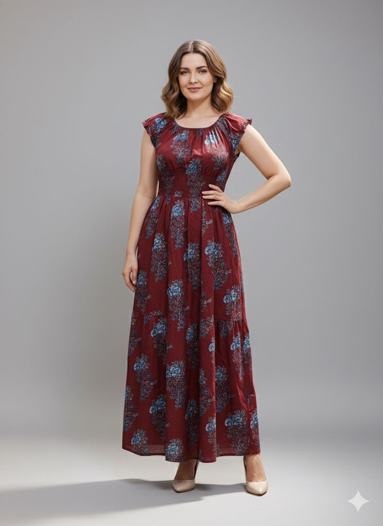 PRINTED MEHROON SMOKE DRESS