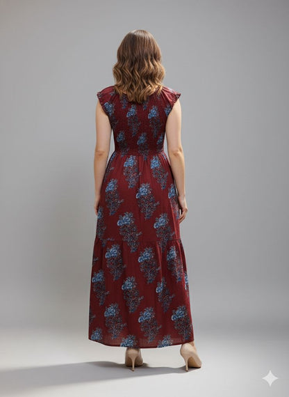 PRINTED MEHROON SMOKE DRESS