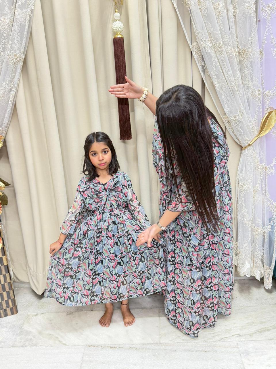 Bow Dress Combo for Mother & Daughter | Floral Printed Bow Dress | Free Size