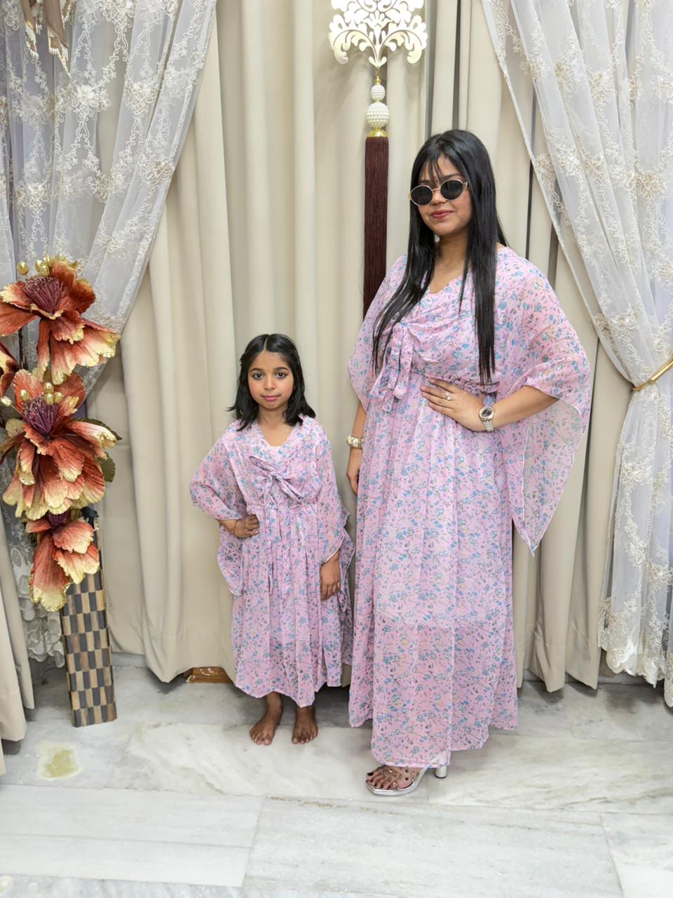Bow Dress Combo for Mother & Daughter | Floral Printed Bow Dress | Free Size