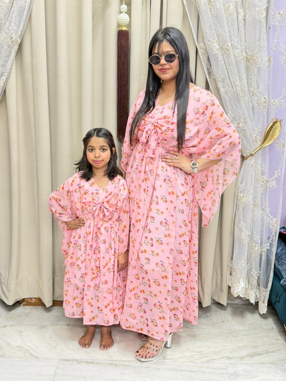Bow Dress Combo for Mother & Daughter | Floral Printed Bow Dress | Free Size