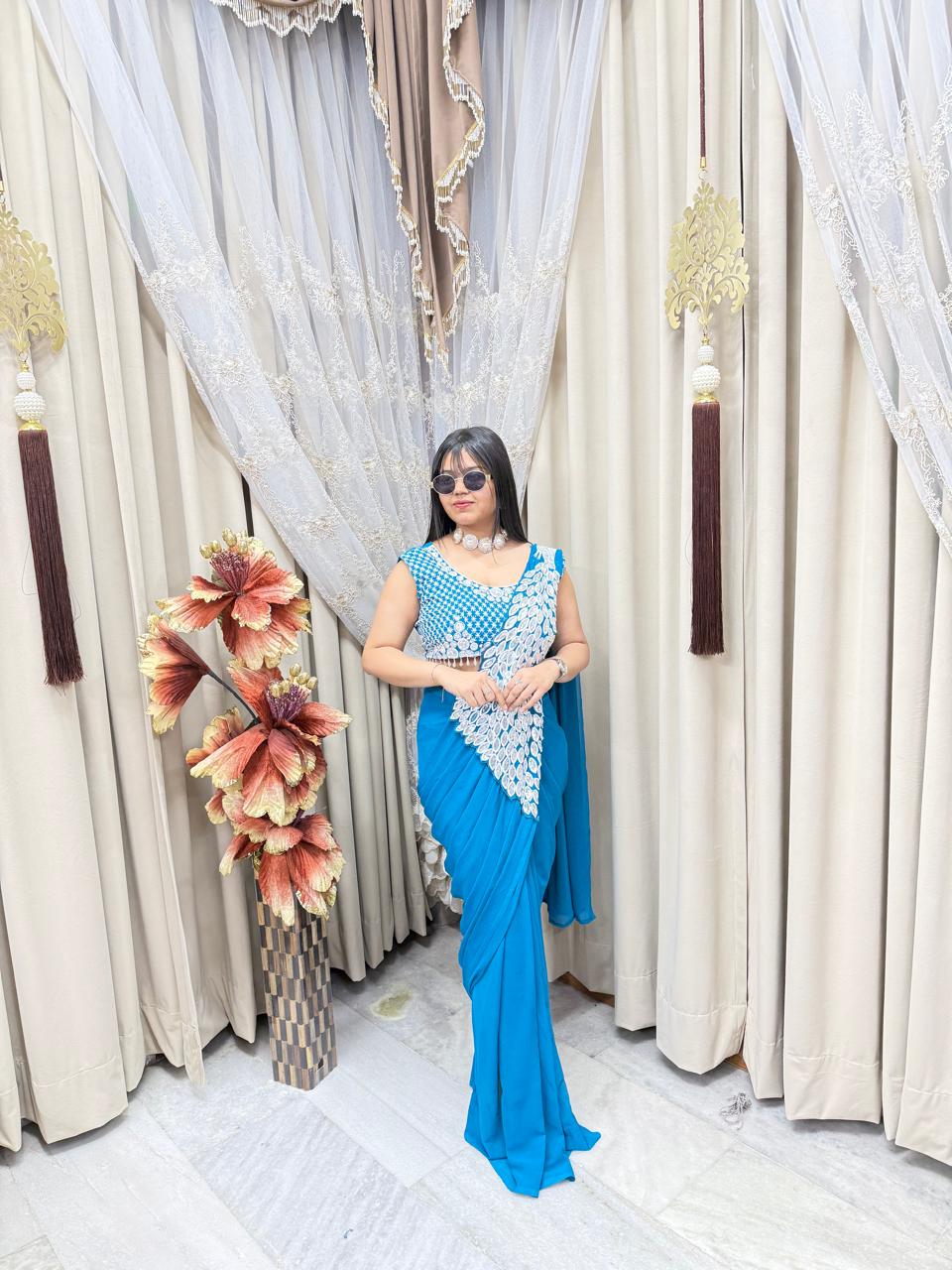 Ready to Wear Designer Peacock Style Saree for Women | Georgette Fabric | Party & Festive Wear