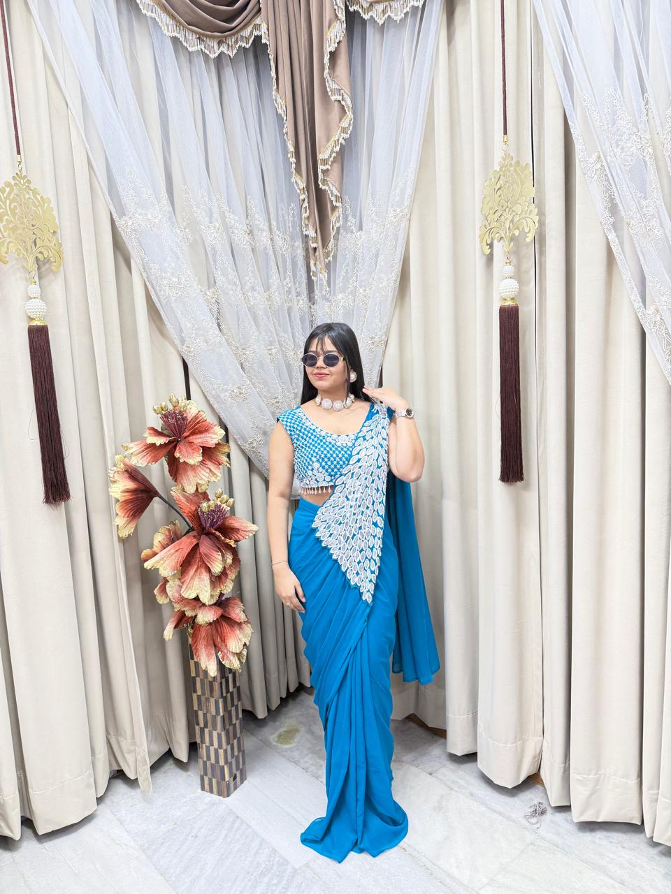 Ready to Wear Designer Peacock Style Saree for Women | Georgette Fabric | Party & Festive Wear