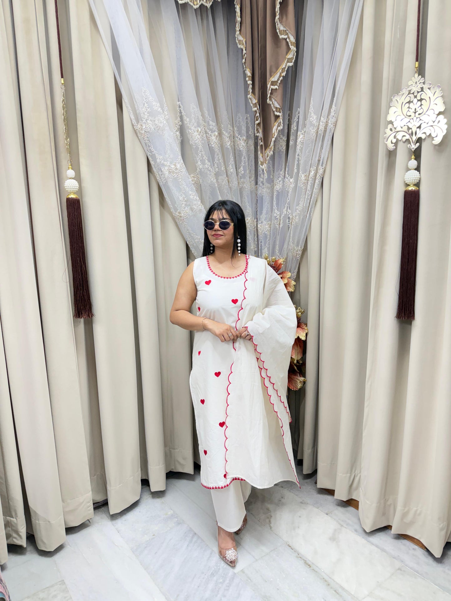 Beautiful Embroidered Heart Cotton Suit Set for Women (M–3XL) – Elegant White Ethnic Wear