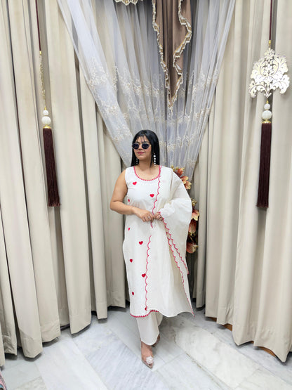 Beautiful Embroidered Heart Cotton Suit Set for Women (M–3XL) – Elegant White Ethnic Wear