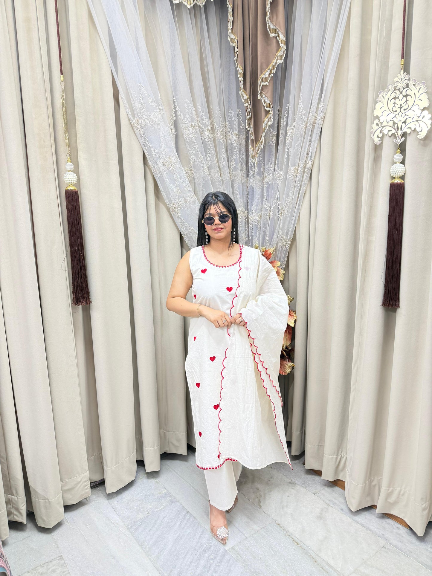 Beautiful Embroidered Heart Cotton Suit Set for Women (M–3XL) – Elegant White Ethnic Wear
