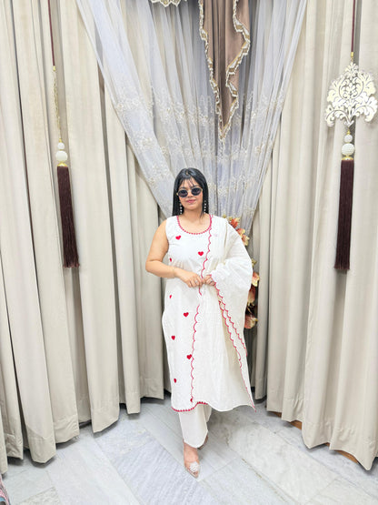 Beautiful Embroidered Heart Cotton Suit Set for Women (M–3XL) – Elegant White Ethnic Wear