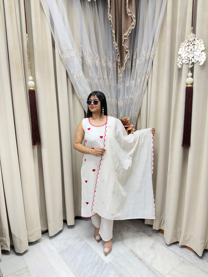 Beautiful Embroidered Heart Cotton Suit Set for Women (M–3XL) – Elegant White Ethnic Wear