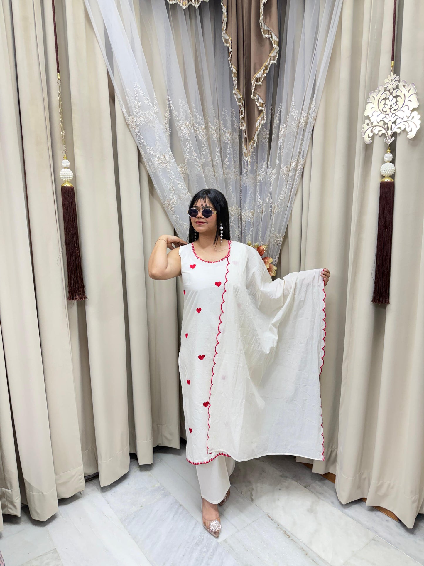 Beautiful Embroidered Heart Cotton Suit Set for Women (M–3XL) – Elegant White Ethnic Wear