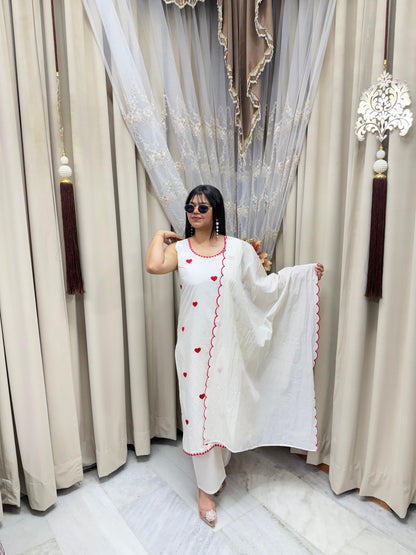 Beautiful Embroidered Heart Cotton Suit Set for Women (M–3XL) – Elegant White Ethnic Wear
