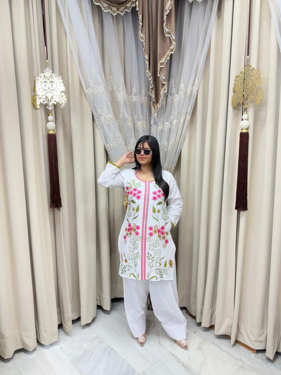 Elegant Farshi Embroidery Cotton Cord Set with Pocket (M to 2XL)