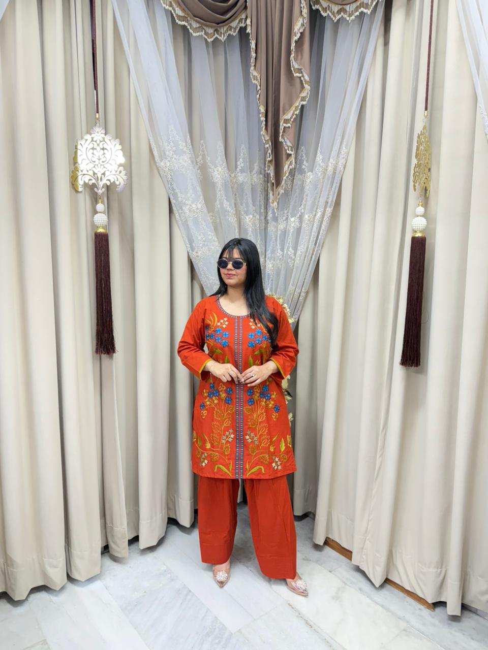 Elegant Farshi Embroidery Cotton Cord Set with Pocket (M to 2XL)