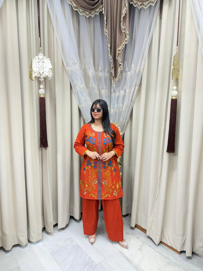 Elegant Farshi Embroidery Cotton Cord Set with Pocket (M to 2XL)