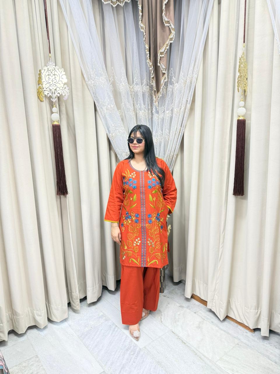 Elegant Farshi Embroidery Cotton Cord Set with Pocket (M to 2XL)