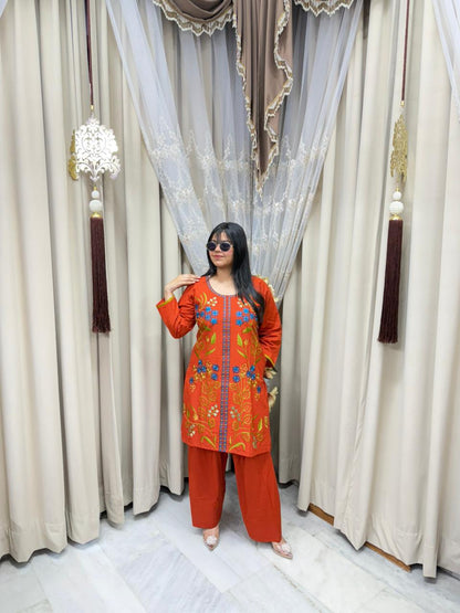 Elegant Farshi Embroidery Cotton Cord Set with Pocket (M to 2XL)