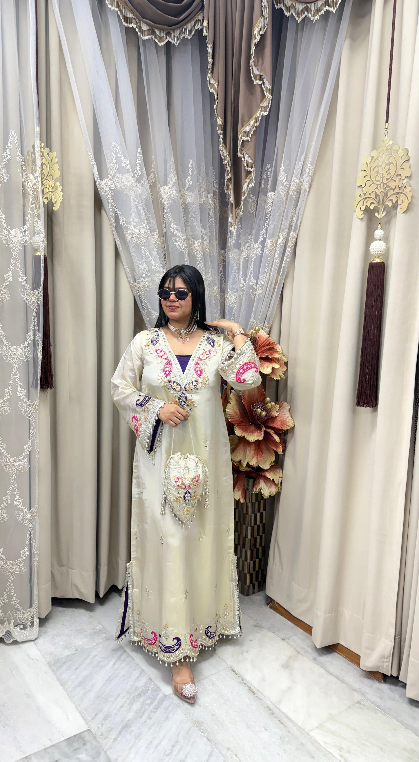 Premium Shimmer Silk Pheran Dress with Potli – Elegant Ethnic Wear