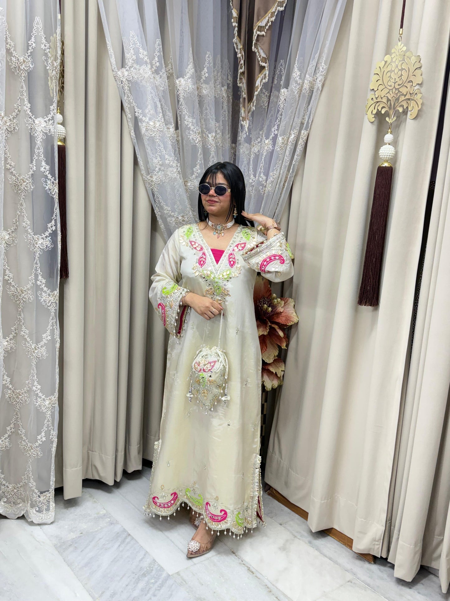 Premium Shimmer Silk Pheran Dress with Potli – Elegant Ethnic Wear