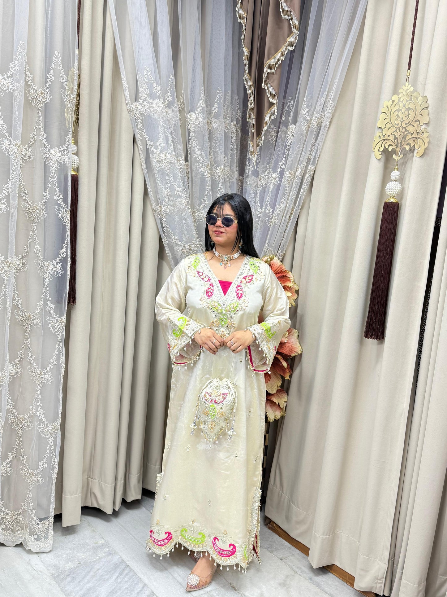 Premium Shimmer Silk Pheran Dress with Potli – Elegant Ethnic Wear